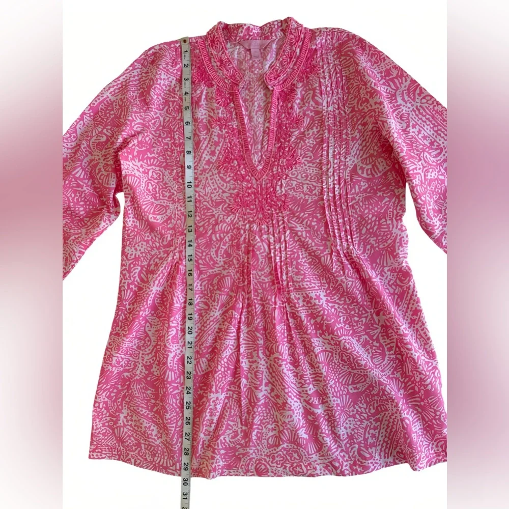 Lilly Pulitzer Sarasota Beaded Tunic Top Sz M Pink White Shell Print 3/4 Sleeve - Picture 10 of 12